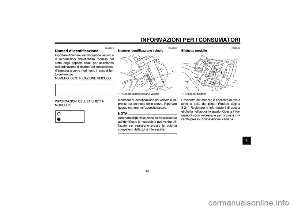 YAMAHA VMAX 2010  Manuale duso (in Italian) INFORMAZIONI PER I CONSUMATORI
9-1
9
HAU48610
Numeri d’identificazione Riportare il numero identificazione veicolo e
le informazioni dell’etichetta modello qui
sotto negli appositi spazi per assis