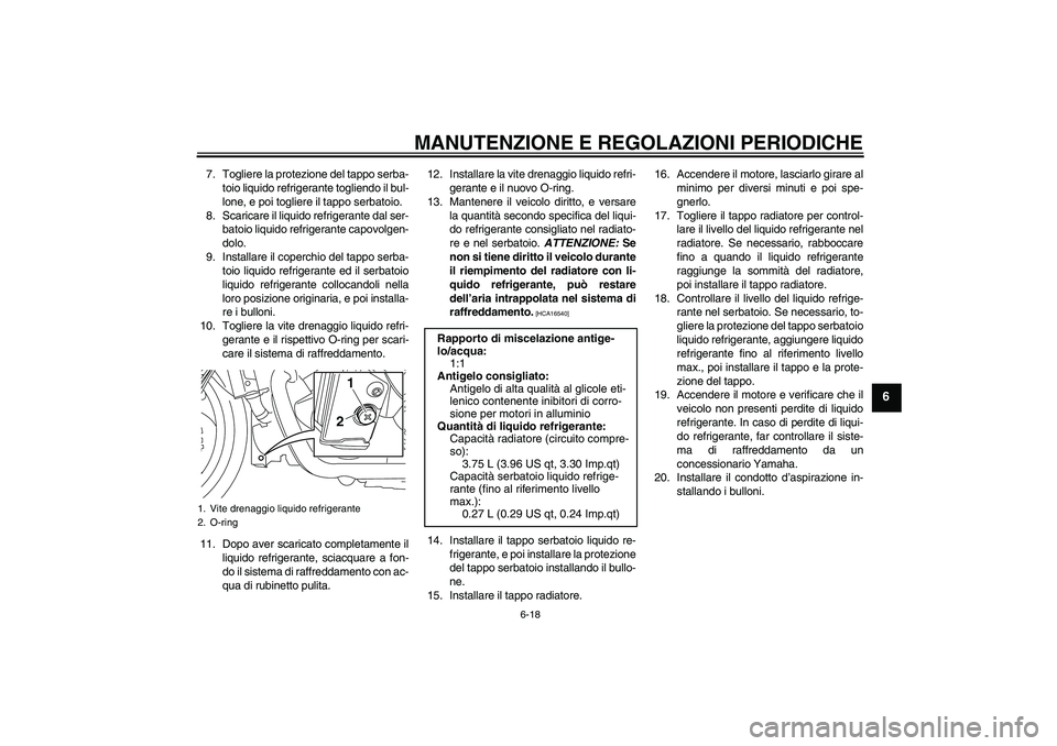 YAMAHA VMAX 2010  Manuale duso (in Italian) MANUTENZIONE E REGOLAZIONI PERIODICHE
6-18
6
7. Togliere la protezione del tappo serba-
toio liquido refrigerante togliendo il bul-
lone, e poi togliere il tappo serbatoio.
8. Scaricare il liquido ref