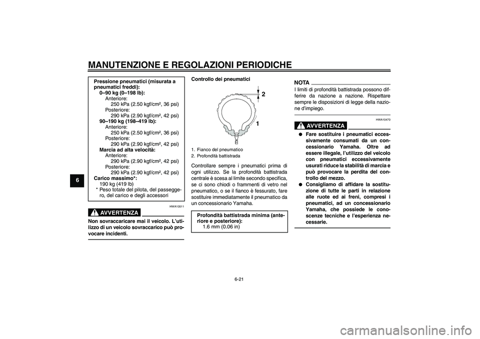 YAMAHA VMAX 2010  Manuale duso (in Italian) MANUTENZIONE E REGOLAZIONI PERIODICHE
6-21
6
AVVERTENZA
HWA10511
Non sovraccaricare mai il veicolo. L’uti-
lizzo di un veicolo sovraccarico può pro-
vocare incidenti.
Controllo dei pneumatici
Contr