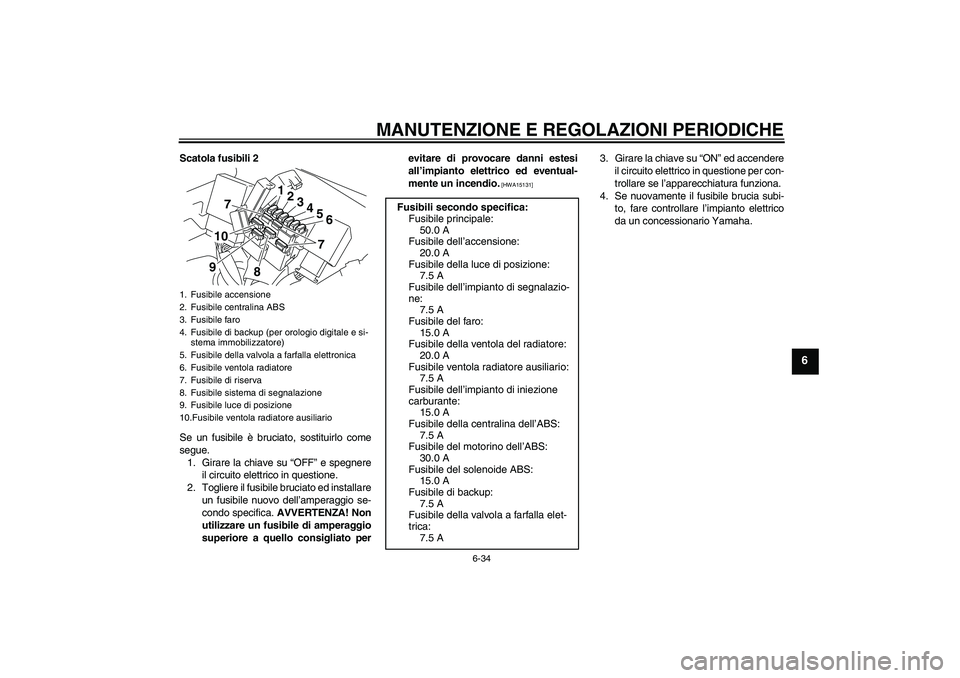 YAMAHA VMAX 2010  Manuale duso (in Italian) MANUTENZIONE E REGOLAZIONI PERIODICHE
6-34
6
Scatola fusibili 2
Se un fusibile è bruciato, sostituirlo come
segue.
1. Girare la chiave su “OFF” e spegnere
il circuito elettrico in questione.
2. T