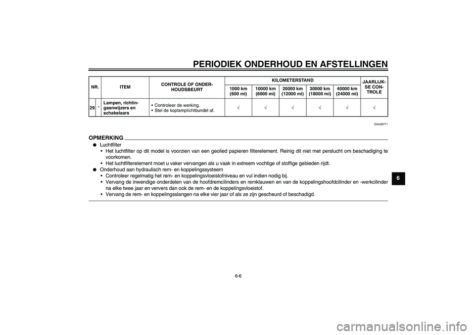 YAMAHA VMAX 2010  Instructieboekje (in Dutch) PERIODIEK ONDERHOUD EN AFSTELLINGEN
6-6
6
DAU36771
OPMERKIN
G

Luchtfilter
Het luchtfilter op dit model is voorzien van een geolied papieren filterelement. Reinig dit niet met perslucht om beschadig