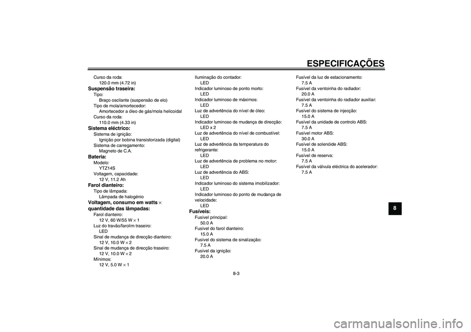 YAMAHA VMAX 2010 Manual de utilização (in Portuguese) ESPECIFICAÇÕES
8-3
8
Curso da roda:
120.0 mm (4.72 in)Suspensão traseira:Tipo:
Braço oscilante (suspensão de elo)
Tipo de mola/amortecedor:
Amortecedor a óleo de gás/mola helicoidal
Curso da ro YAMAHA VMAX 2010 Manual de utilização (in Portuguese) ESPECIFICAÇÕES
8-3
8
Curso da roda:
120.0 mm (4.72 in)Suspensão traseira:Tipo:
Braço oscilante (suspensão de elo)
Tipo de mola/amortecedor:
Amortecedor a óleo de gás/mola helicoidal
Curso da ro