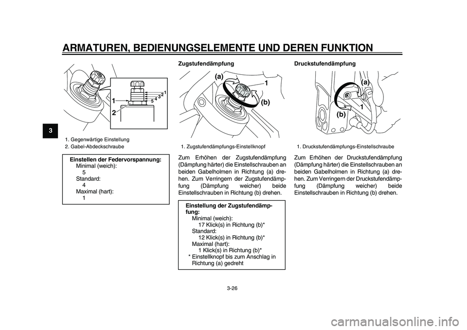 YAMAHA VMAX 2009 Betriebsanleitungen (in German)
ARMATUREN, BEDIENUNGSELEMENTE UND DEREN FUNKTION
3-26
1
2
3
4
5
6
7
8
9
Zugstufendämpfung
Zum Erhöhen der Zugstufendämpfung
(Dämpfung härter) die Einstellschrauben an
beiden Gabelholmen i YAMAHA VMAX 2009 Betriebsanleitungen (in German)
ARMATUREN, BEDIENUNGSELEMENTE UND DEREN FUNKTION
3-26
1
2
3
4
5
6
7
8
9
Zugstufendämpfung
Zum Erhöhen der Zugstufendämpfung
(Dämpfung härter) die Einstellschrauben an
beiden Gabelholmen i