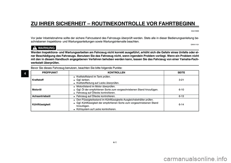 YAMAHA VMAX 2009 Betriebsanleitungen (in German)
4-1
1
2
3
4
5
6
7
8
9
ZU IHRER SICHERHEIT – ROUTINEKONTROLLE VOR FAHRTBEGINN
GAU15596
Vor jeder Inbetriebnahme sollte der sichere Fahrzustand des Fahrzeugs überprüft werden. Stets alle in d YAMAHA VMAX 2009 Betriebsanleitungen (in German)
4-1
1
2
3
4
5
6
7
8
9
ZU IHRER SICHERHEIT – ROUTINEKONTROLLE VOR FAHRTBEGINN
GAU15596
Vor jeder Inbetriebnahme sollte der sichere Fahrzustand des Fahrzeugs überprüft werden. Stets alle in d