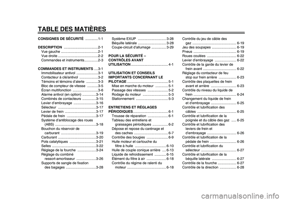YAMAHA VMAX 2009 Notices Demploi (in French)
TABLE DES MATIÈRES
CONSIGNES DE SÉCURITÉ
.............1-1
DESCRIPTION
...................................2-1
Vue gauche ......................................2-1
Vue droite ................ YAMAHA VMAX 2009 Notices Demploi (in French)
TABLE DES MATIÈRES
CONSIGNES DE SÉCURITÉ
.............1-1
DESCRIPTION
...................................2-1
Vue gauche ......................................2-1
Vue droite ................