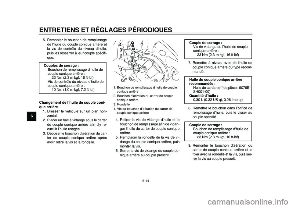 YAMAHA VMAX 2009  Notices Demploi (in French)  
ENTRETIENS ET RÉGLAGES PÉRIODIQUES 
6-14 
1
2
3
4
5
6
7
8
9
 
5. Remonter le bouchon de remplissage
de l’huile du couple conique arrière et
la vis de contrôle du niveau d’huile,
puis les res