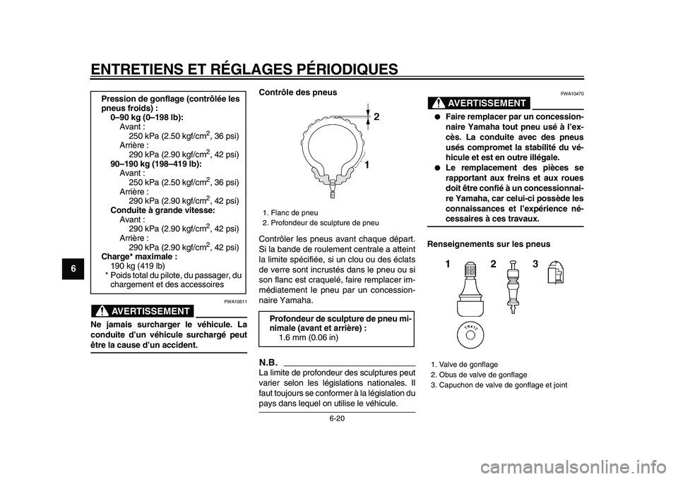 YAMAHA VMAX 2009  Notices Demploi (in French)  
ENTRETIENS ET RÉGLAGES PÉRIODIQUES 
6-20 
1
2
3
4
5
6
7
8
9
AVERTISSEMENT
 
FWA10511 
Ne jamais surcharger le véhicule. La
conduite d’un véhicule surchargé peut 
être la cause d’un acciden