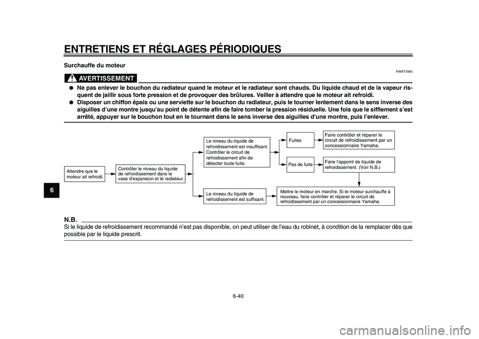 YAMAHA VMAX 2009  Notices Demploi (in French)  
ENTRETIENS ET RÉGLAGES PÉRIODIQUES 
6-40 
1
2
3
4
5
6
7
8
9
 
Surchauffe du moteur
AVERTISSEMENT
 
FWAT1040 
 
Ne pas enlever le bouchon du radiateur quand le moteur et le radiateur sont chauds. 