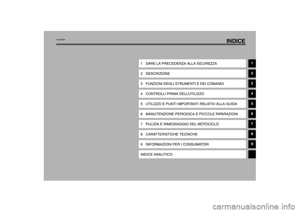 YAMAHA VMAX 2001  Manuale duso (in Italian) INDICE
1 DARE LA PRECEDENZA ALLA SICUREZZA
1
2 DESCRIZIONE
2
3 FUNZIONI DEGLI STRUMENTI E DEI COMANDI
3
4 CONTROLLI PRIMA DELL’UTILIZZO
4
5 UTILIZZO E PUNTI IMPORTANTI RELATIVI ALLA GUIDA
5
6 MANUTE