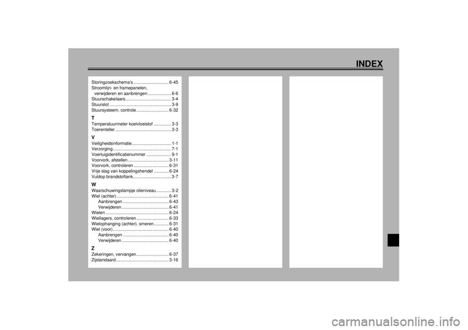 YAMAHA VMAX 2001  Instructieboekje (in Dutch) INDEX
Storingzoekschema’s ............................ 6-45
Stroomlijn- en framepanelen, 
verwijderen en aanbrengen ................... 6-6
Stuurschakelaars..................................... 3-4

