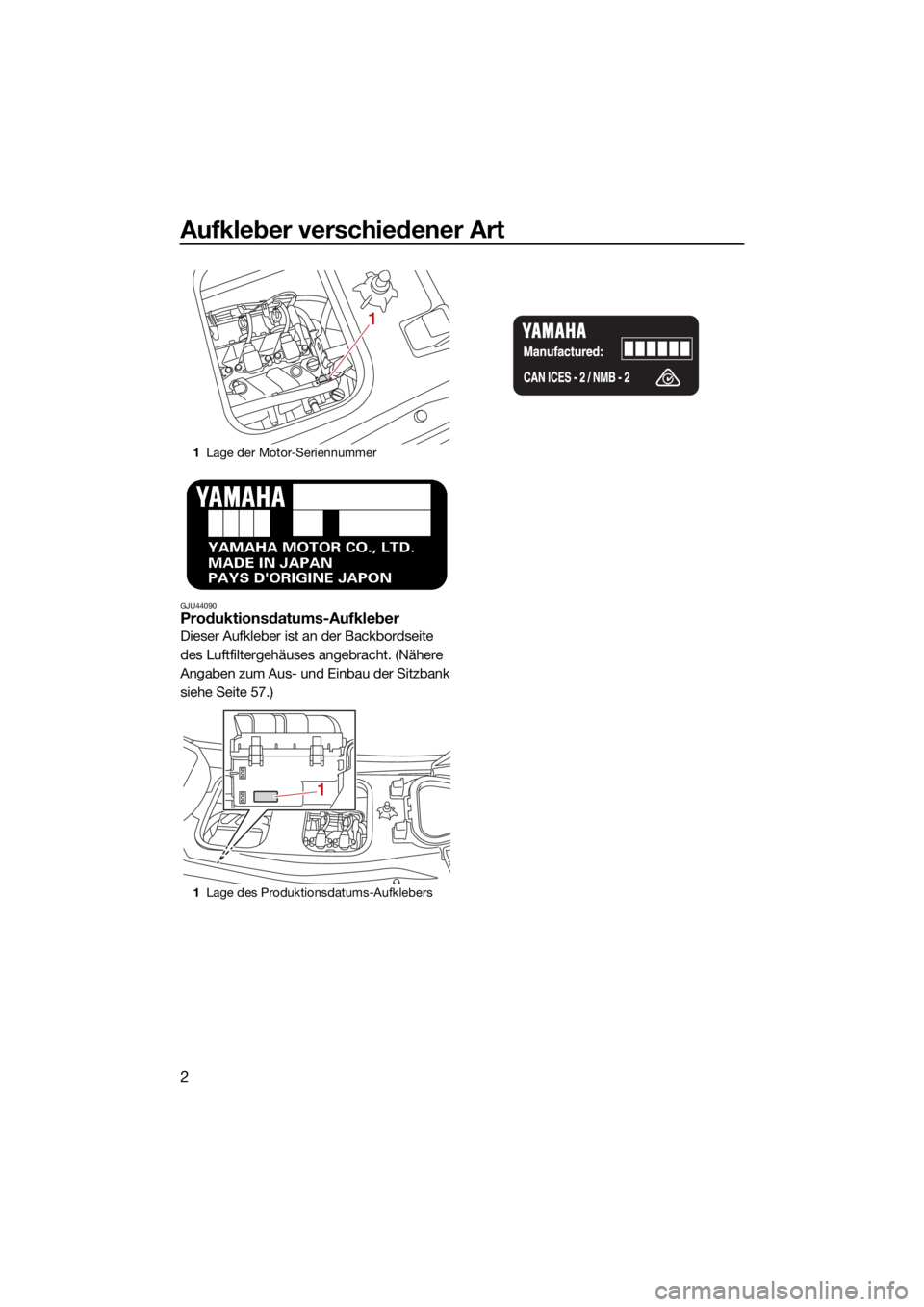 YAMAHA VX LIMITED 2022  Betriebsanleitungen (in German) Aufkleber verschiedener Art
2
GJU44090Produktionsdatums-Aufkleber
Dieser Aufkleber ist an der Backbordseite 
des Luftfiltergehäuses angebracht. (Nähere 
Angaben zum Aus- und Einbau der Sitzbank 
sie