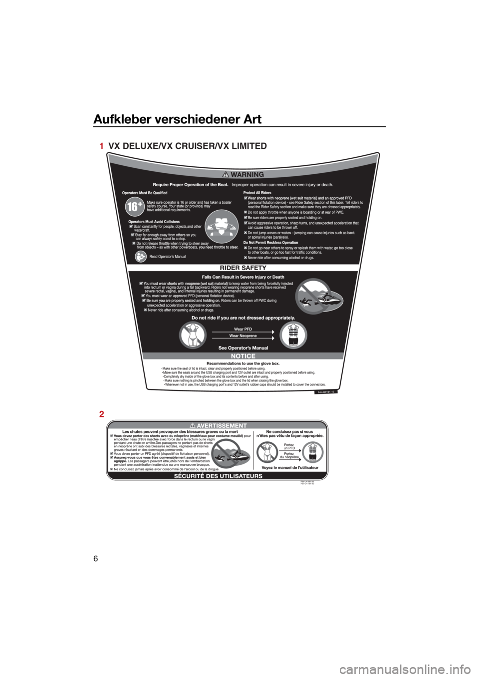 YAMAHA VX LIMITED 2022  Betriebsanleitungen (in German) Aufkleber verschiedener Art
6
F3V-U41B1-30
1  VX DELUXE/VX CRUISER/VX LIMITED
2
UF4N71G0.book  Page 6  Thursday, August 5, 2021  12:51 PM 
