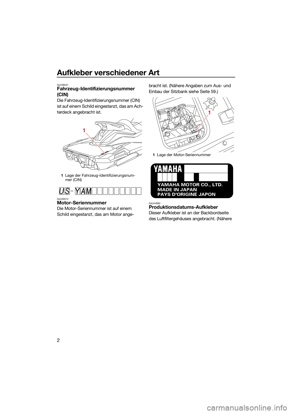 YAMAHA VX 2021  Betriebsanleitungen (in German) Aufkleber verschiedener Art
2
GJU36551Fahrzeug-Identifizierungsnummer 
(CIN)
Die Fahrzeug-Identifizierungsnummer (CIN) 
ist auf einem Schild eingestanzt, das am Ach-
terdeck angebracht ist.
GJU30312Mo