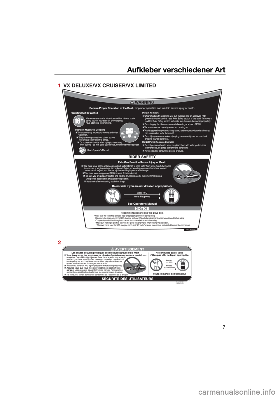 YAMAHA VX 2021  Betriebsanleitungen (in German) Aufkleber verschiedener Art
7
F3V-U41B1-30
1  VX DELUXE/VX CRUISER/VX LIMITED
2
UF4N70G0.book  Page 7  Wednesday, October 7, 2020  1:29 PM 