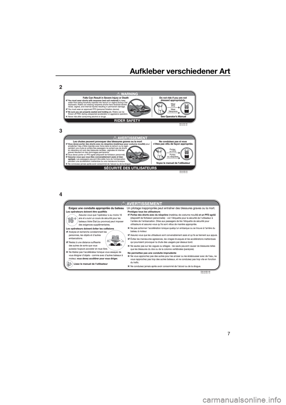 YAMAHA VX 2020  Betriebsanleitungen (in German) Aufkleber verschiedener Art
7
3
4 2
F4E-U41E1-40
F3V-U41B1-30
F3V-U41B1-10
UF4G74G0.book  Page 7  Monday, July 15, 2019  3:24 PM 