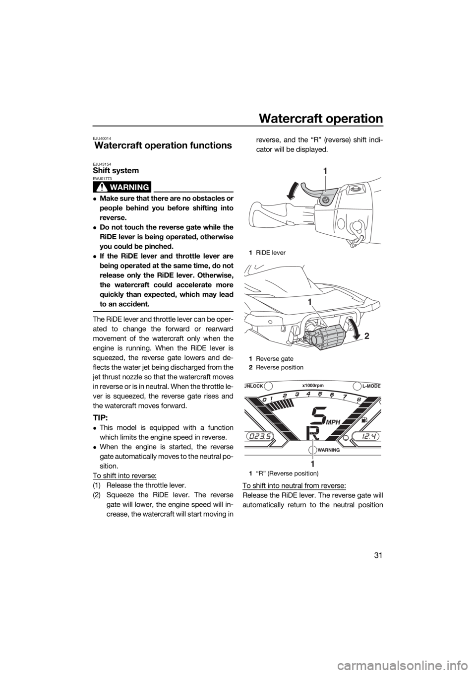 YAMAHA VX 2018  Owners Manual Watercraft operation
31
EJU40014
Watercraft operation functions
EJU43154Shift system 
WARNING
EWJ01773
Make sure that there are no obstacles or
people behind you before shifting into
reverse.
Do