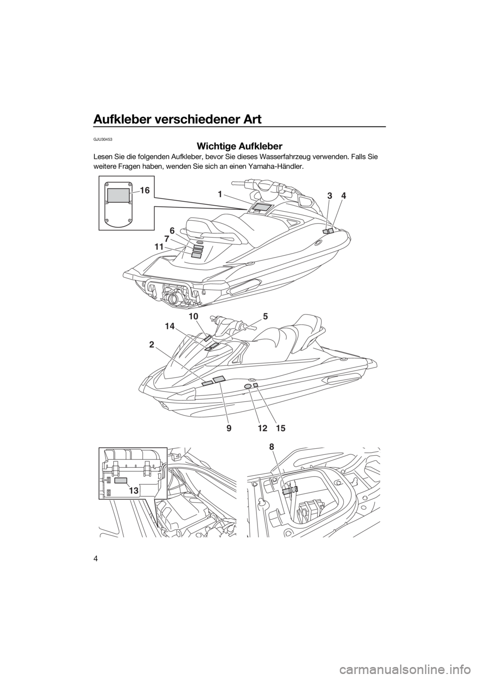 YAMAHA VX CRUISER 2018  Betriebsanleitungen (in German) Aufkleber verschiedener Art
4
GJU30453
Wichtige Aufkleber
Lesen Sie die folgenden Aufkleber, bevor Sie dieses Wasserfahrzeug verwenden. Falls Sie 
weitere Fragen haben, wenden Sie sich an einen Yamaha
