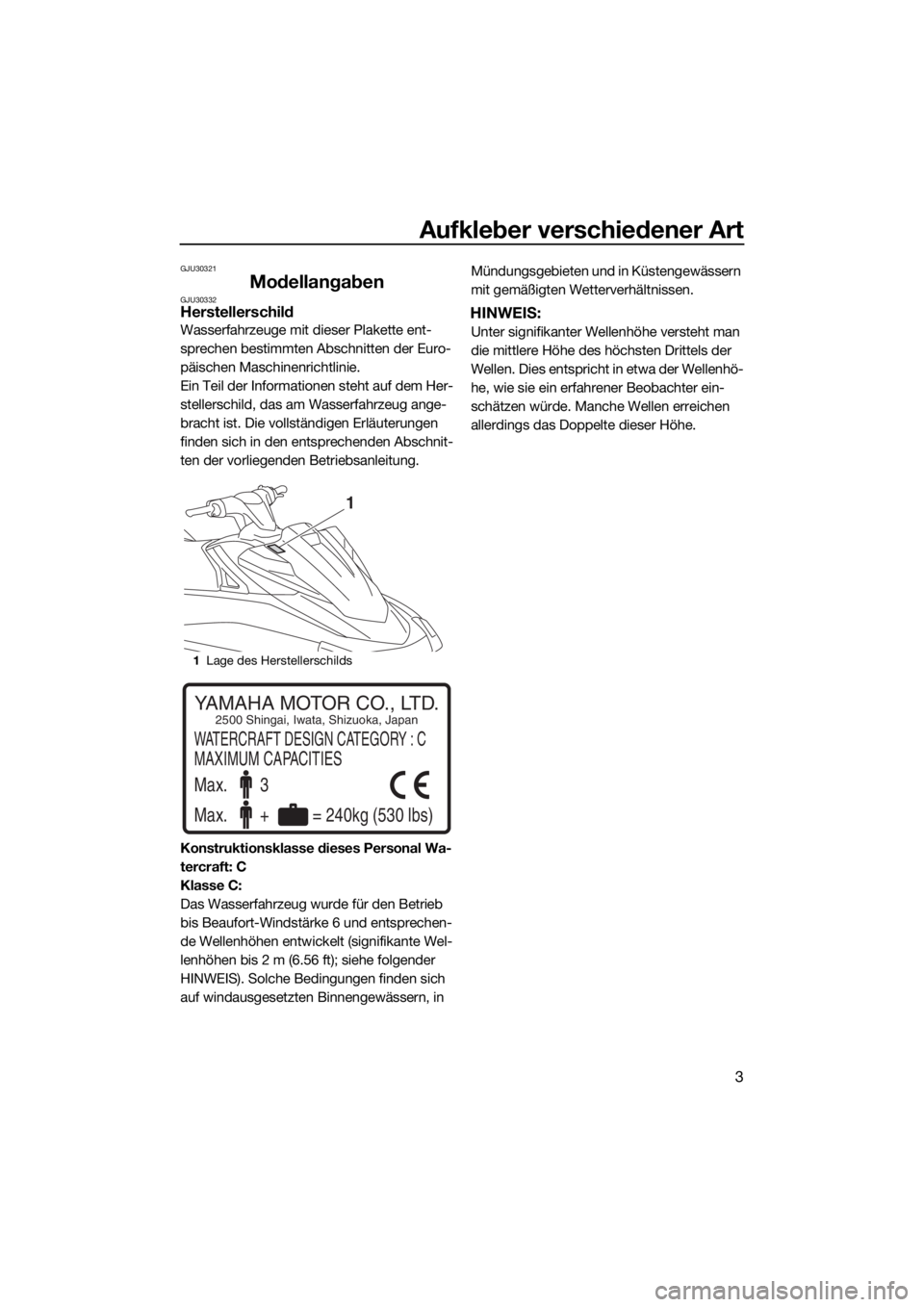 YAMAHA VX 2016 Betriebsanleitungen (in German) Aufkleber verschiedener Art
3
GJU30321
ModellangabenGJU30332Herstellerschild
Wasserfahrzeuge mit dieser Plakette ent-
sprechen bestimmten Abschnitten der Euro-
päischen Maschinenrichtlinie.
Ein Teil YAMAHA VX 2016 Betriebsanleitungen (in German) Aufkleber verschiedener Art
3
GJU30321
ModellangabenGJU30332Herstellerschild
Wasserfahrzeuge mit dieser Plakette ent-
sprechen bestimmten Abschnitten der Euro-
päischen Maschinenrichtlinie.
Ein Teil