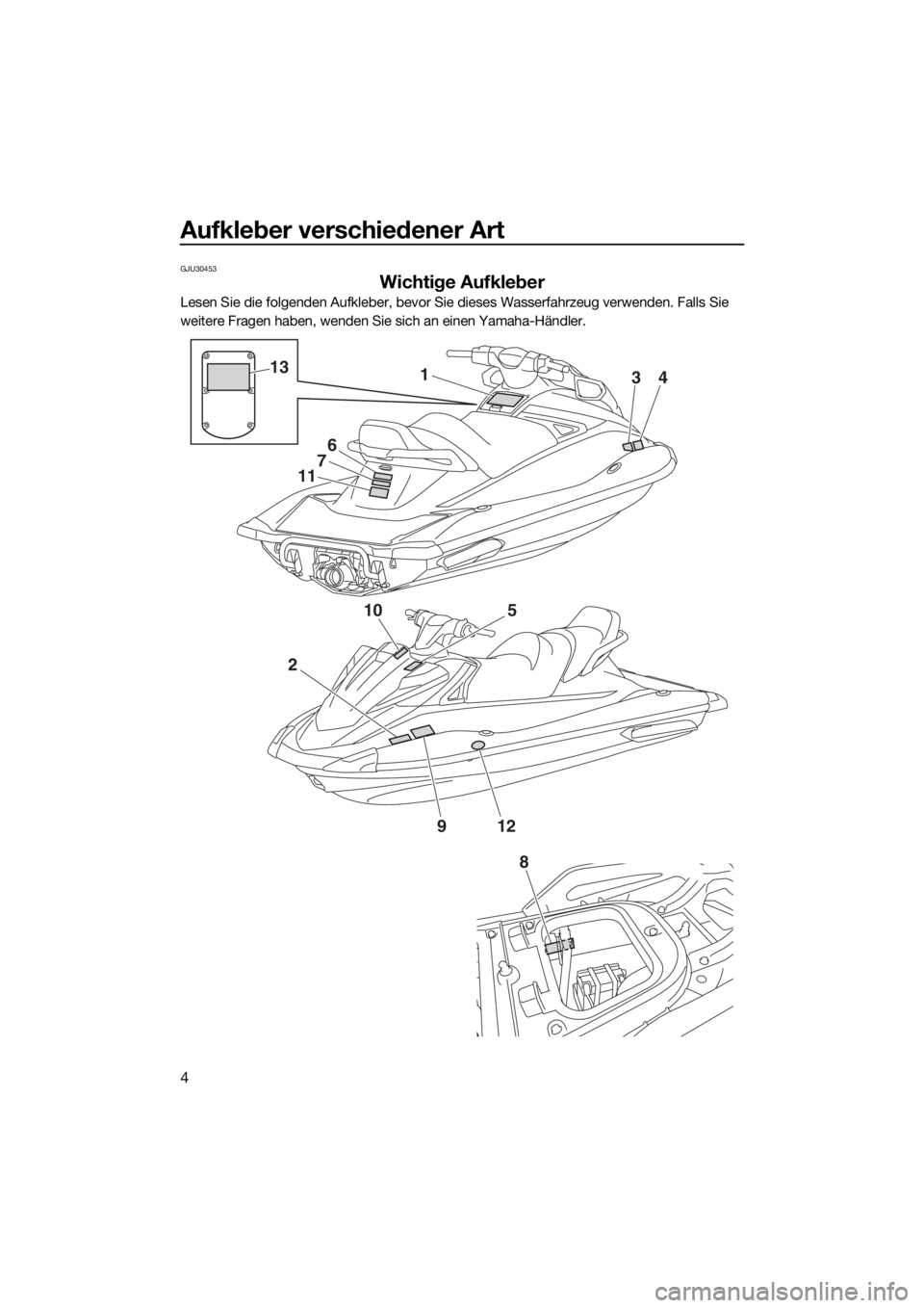 YAMAHA VX 2016  Betriebsanleitungen (in German) Aufkleber verschiedener Art
4
GJU30453
Wichtige Aufkleber
Lesen Sie die folgenden Aufkleber, bevor Sie dieses Wasserfahrzeug verwenden. Falls Sie 
weitere Fragen haben, wenden Sie sich an einen Yamaha