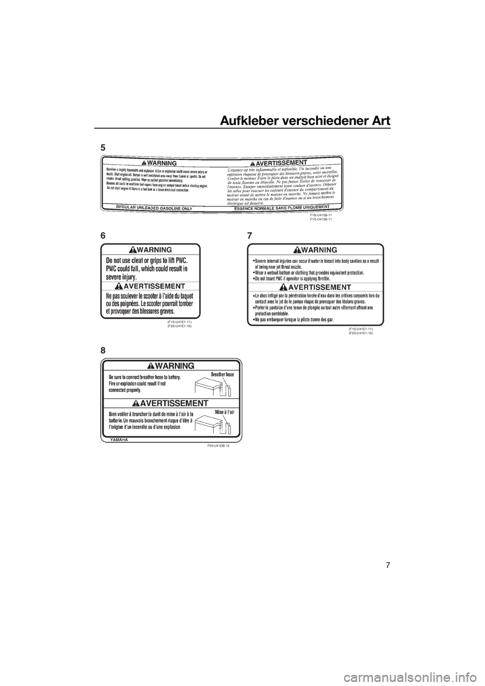 YAMAHA VX 2016  Betriebsanleitungen (in German) Aufkleber verschiedener Art
7
(F1S-U41E1-11) 
(F2S-U41E1-10)
F0V-U41DB-12
(F1S-U41E1-11) 
(F2S-U41E1-10)
F1B-U415B-11
F1S-U415B-11
6
87 5
UF4G70G0.book  Page 7  Monday, September 28, 2015  9:47 AM 