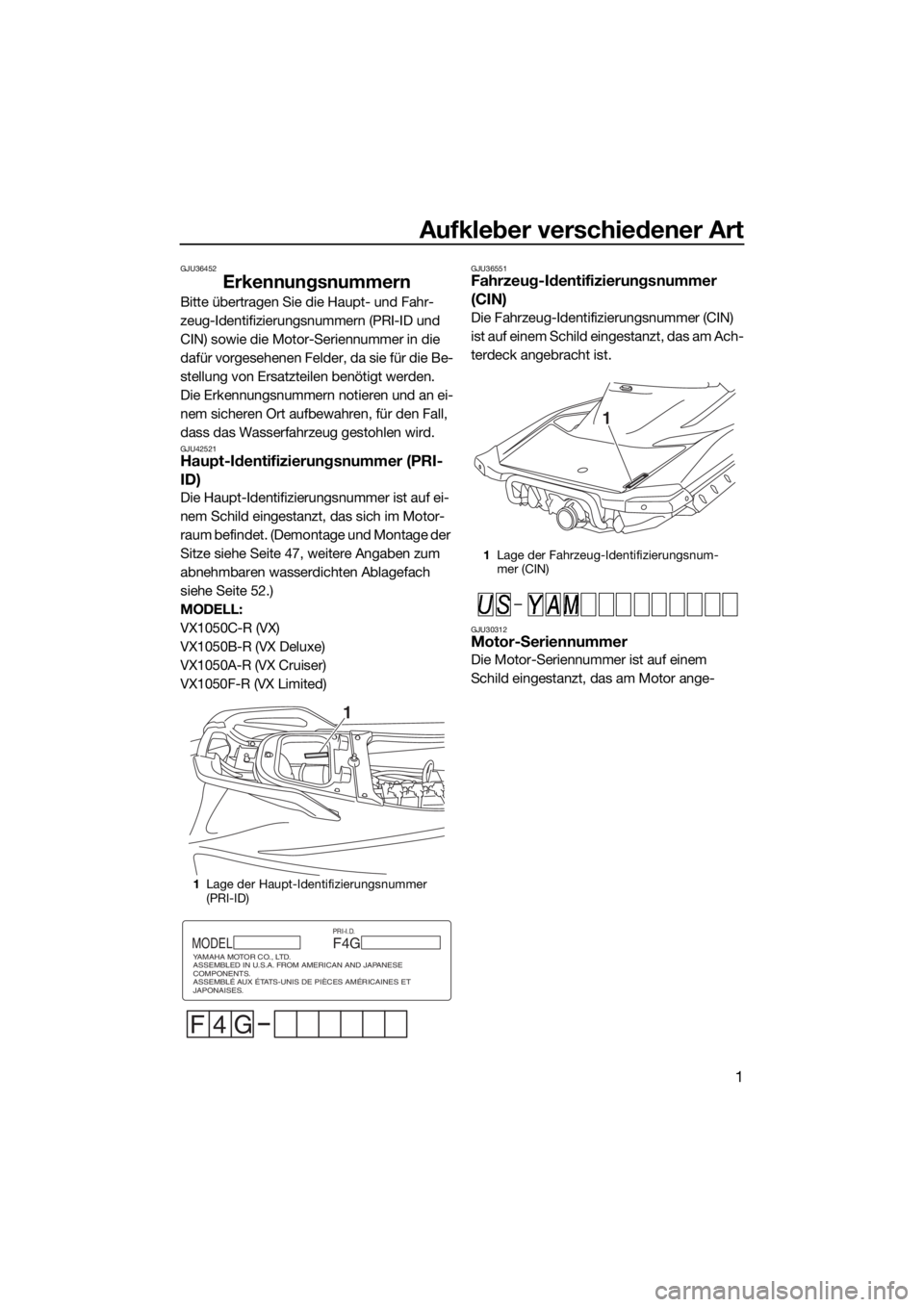 YAMAHA VX 2016 Betriebsanleitungen (in German) Aufkleber verschiedener Art
1
GJU36452
Erkennungsnummern
Bitte übertragen Sie die Haupt- und Fahr-
zeug-Identifizierungsnummern (PRI-ID und
CIN) sowie die Motor-Seriennummer in die
dafür vorgesehe YAMAHA VX 2016 Betriebsanleitungen (in German) Aufkleber verschiedener Art
1
GJU36452
Erkennungsnummern
Bitte übertragen Sie die Haupt- und Fahr-
zeug-Identifizierungsnummern (PRI-ID und
CIN) sowie die Motor-Seriennummer in die
dafür vorgesehe
