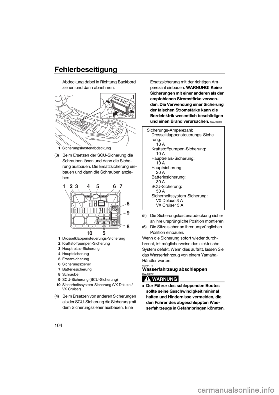 YAMAHA VX 2015 Betriebsanleitungen (in German) Fehlerbeseitigung
104
Abdeckung dabei in Richtung Backbord
ziehen und dann abnehmen.
(3) Beim Ersetzen der SCU-Sicherung die
Schrauben lösen und dann die Siche-
rung ausbauen. Die Ersatzsicherung e YAMAHA VX 2015 Betriebsanleitungen (in German) Fehlerbeseitigung
104
Abdeckung dabei in Richtung Backbord
ziehen und dann abnehmen.
(3) Beim Ersetzen der SCU-Sicherung die
Schrauben lösen und dann die Siche-
rung ausbauen. Die Ersatzsicherung e