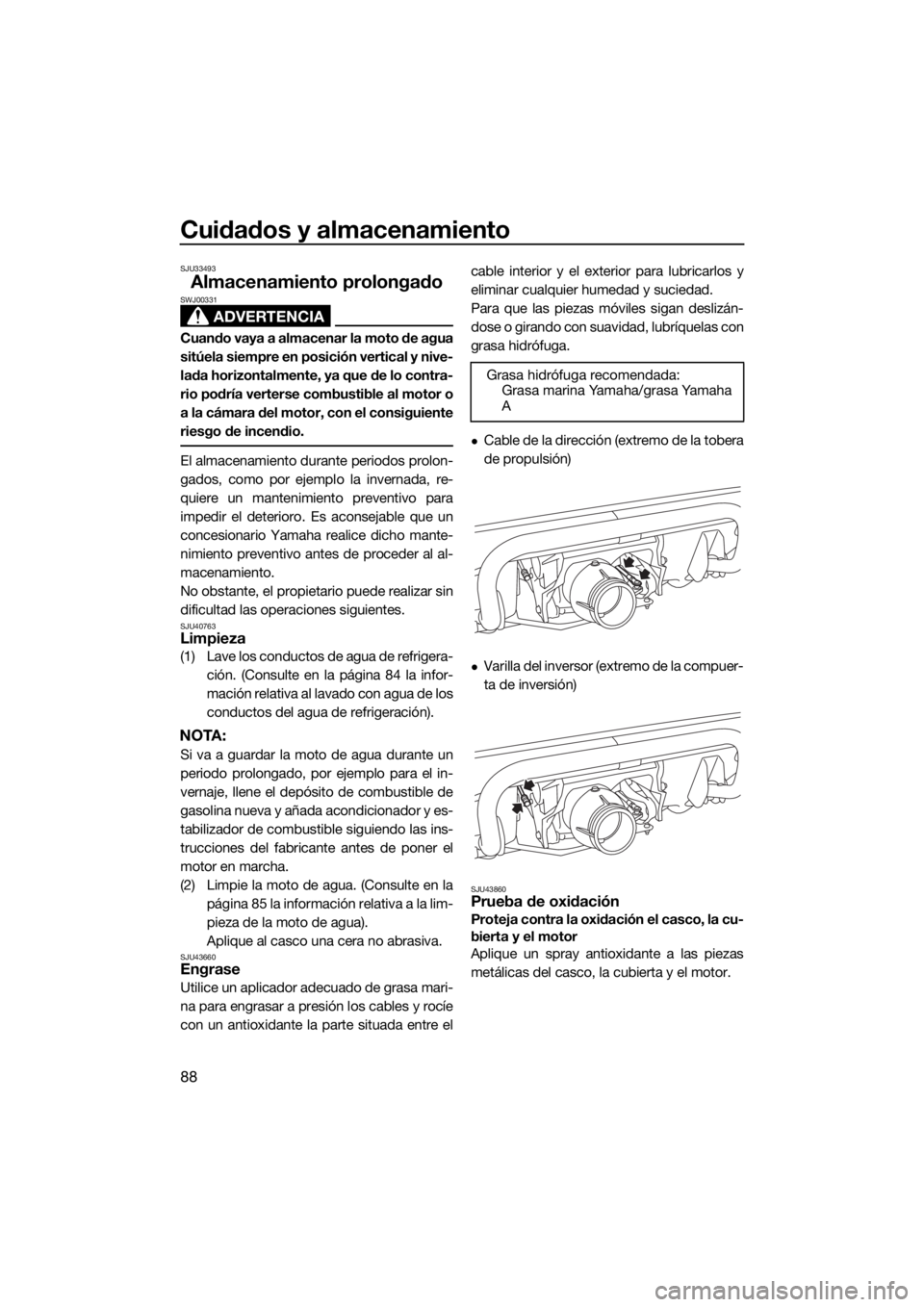 YAMAHA VX 2015 Manuale de Empleo (in Spanish) Cuidados y almacenamiento
88
SJU33493
Almacenamiento prolongado
ADVERTENCIA
SWJ00331
Cuando vaya a almacenar la moto de agua
sitúela siempre en posición vertical y nive-
lada horizontalmente, ya que YAMAHA VX 2015 Manuale de Empleo (in Spanish) Cuidados y almacenamiento
88
SJU33493
Almacenamiento prolongado
ADVERTENCIA
SWJ00331
Cuando vaya a almacenar la moto de agua
sitúela siempre en posición vertical y nive-
lada horizontalmente, ya que