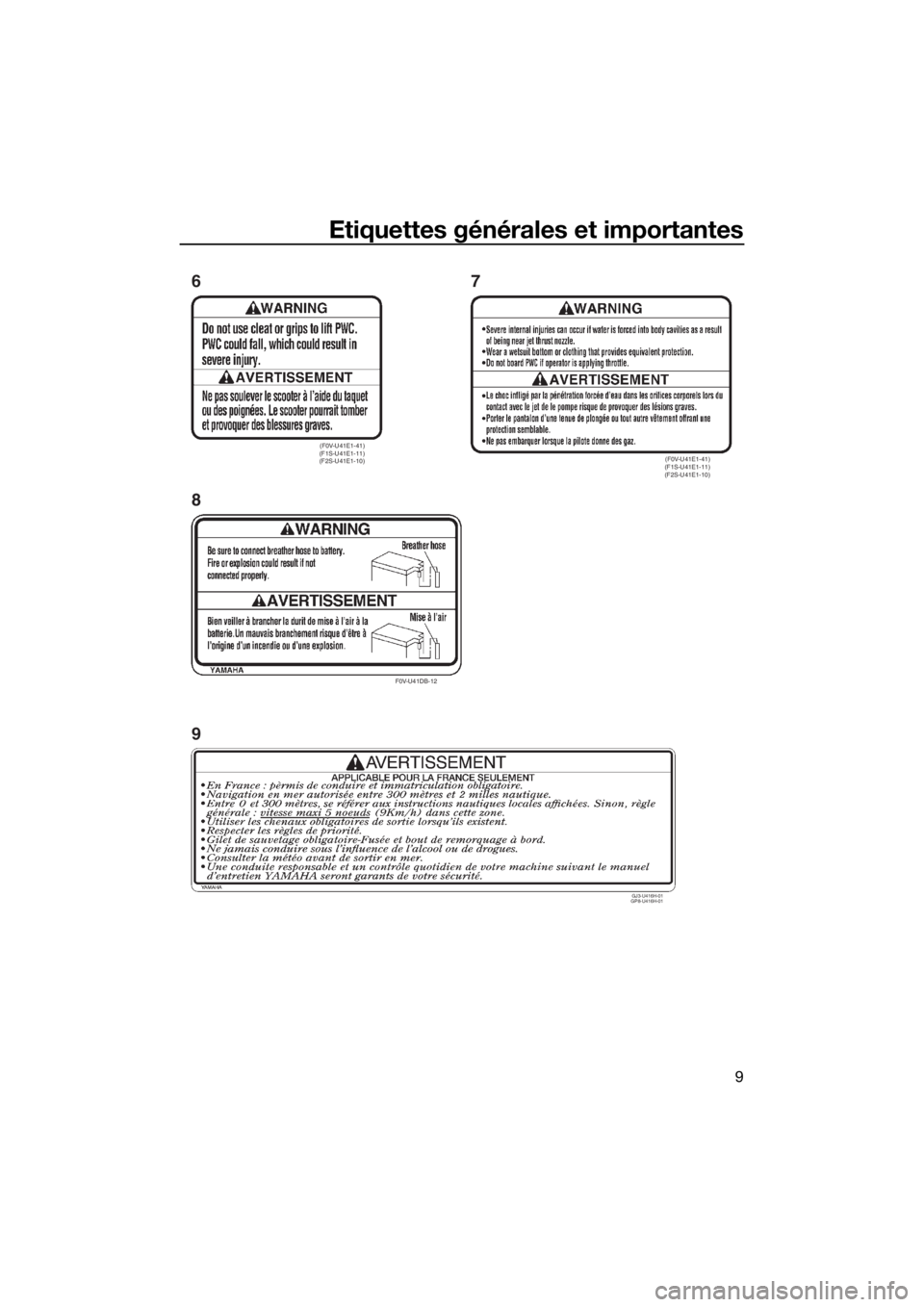 YAMAHA VX 2015  Notices Demploi (in French) Etiquettes générales et importantes
9
(F0V-U41E1-41) 
(F1S-U41E1-11) 
(F2S-U41E1-10)
F0V-U41DB-12
(F0V-U41E1-41) 
(F1S-U41E1-11) 
(F2S-U41E1-10)
6
87
GJ3-U416H-01 
GP8-U416H-01
9
UF2X70F0.book  Page