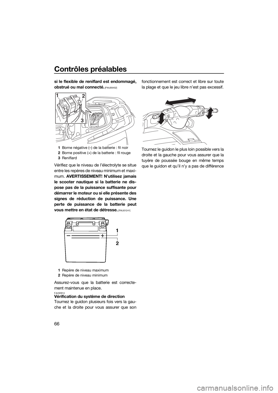 YAMAHA VX 2015  Notices Demploi (in French) Contrôles préalables
66
si le flexible de reniflard est endommagé,
obstrué ou mal connecté.
 [FWJ00452]
Vérifiez que le niveau de l’électrolyte se situe
entre les repères de niveau minimum e