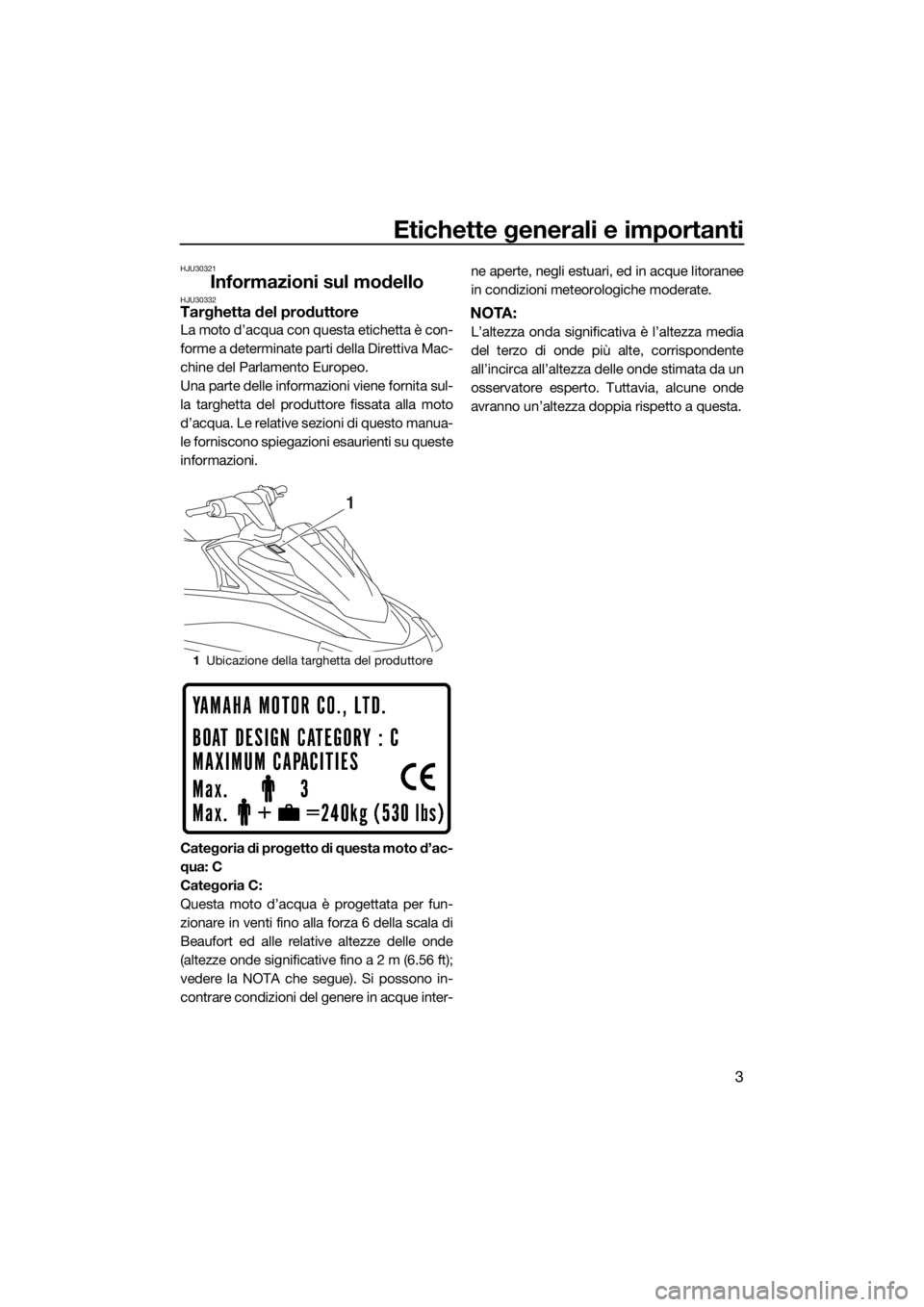 YAMAHA VX 2015 Manuale duso (in Italian) Etichette generali e importanti
3
HJU30321
Informazioni sul modelloHJU30332Targhetta del produttore
La moto d’acqua con questa etichetta è con-
forme a determinate parti della Direttiva Mac-
chine YAMAHA VX 2015 Manuale duso (in Italian) Etichette generali e importanti
3
HJU30321
Informazioni sul modelloHJU30332Targhetta del produttore
La moto d’acqua con questa etichetta è con-
forme a determinate parti della Direttiva Mac-
chine