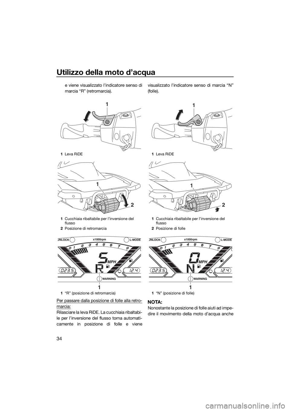 YAMAHA VX 2015  Manuale duso (in Italian) Utilizzo della moto d’acqua
34
e viene visualizzato l’indicatore senso di
marcia “R” (retromarcia).
Per passare dalla posizione di folle alla retro-
marcia:
Rilasciare la leva RiDE. La cucchia