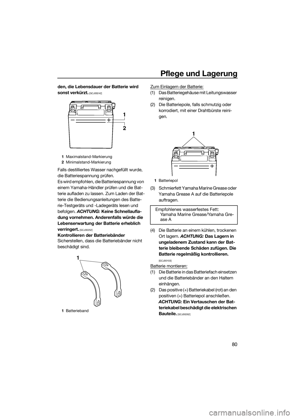 YAMAHA VX 2014  Betriebsanleitungen (in German) Pflege und Lagerung
80
den, die Lebensdauer der Batterie wird 
sonst verkürzt.
 [GCJ00242]
Falls destilliertes Wasser nachgefüllt wurde, 
die Batteriespannung prüfen.
Es wird empfohlen, die Batteri