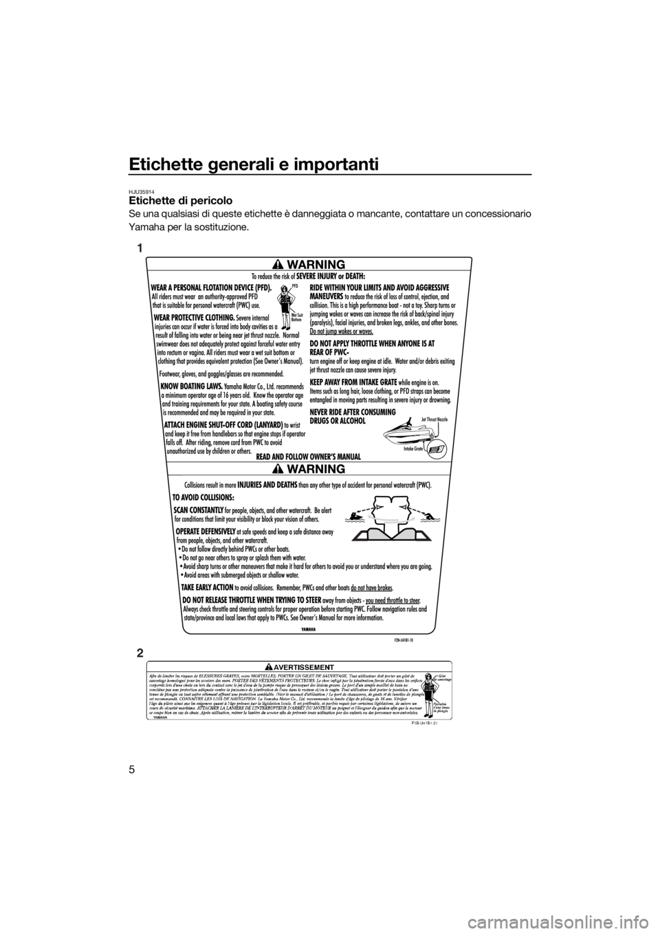 YAMAHA VX 2014  Manuale duso (in Italian) Etichette generali e importanti
5
HJU35914Etichette di pericolo
Se una qualsiasi di queste etichette è danneggiata o mancante, contattare un concessionario
Yamaha per la sostituzione.
1
2
UF2P71H0.bo