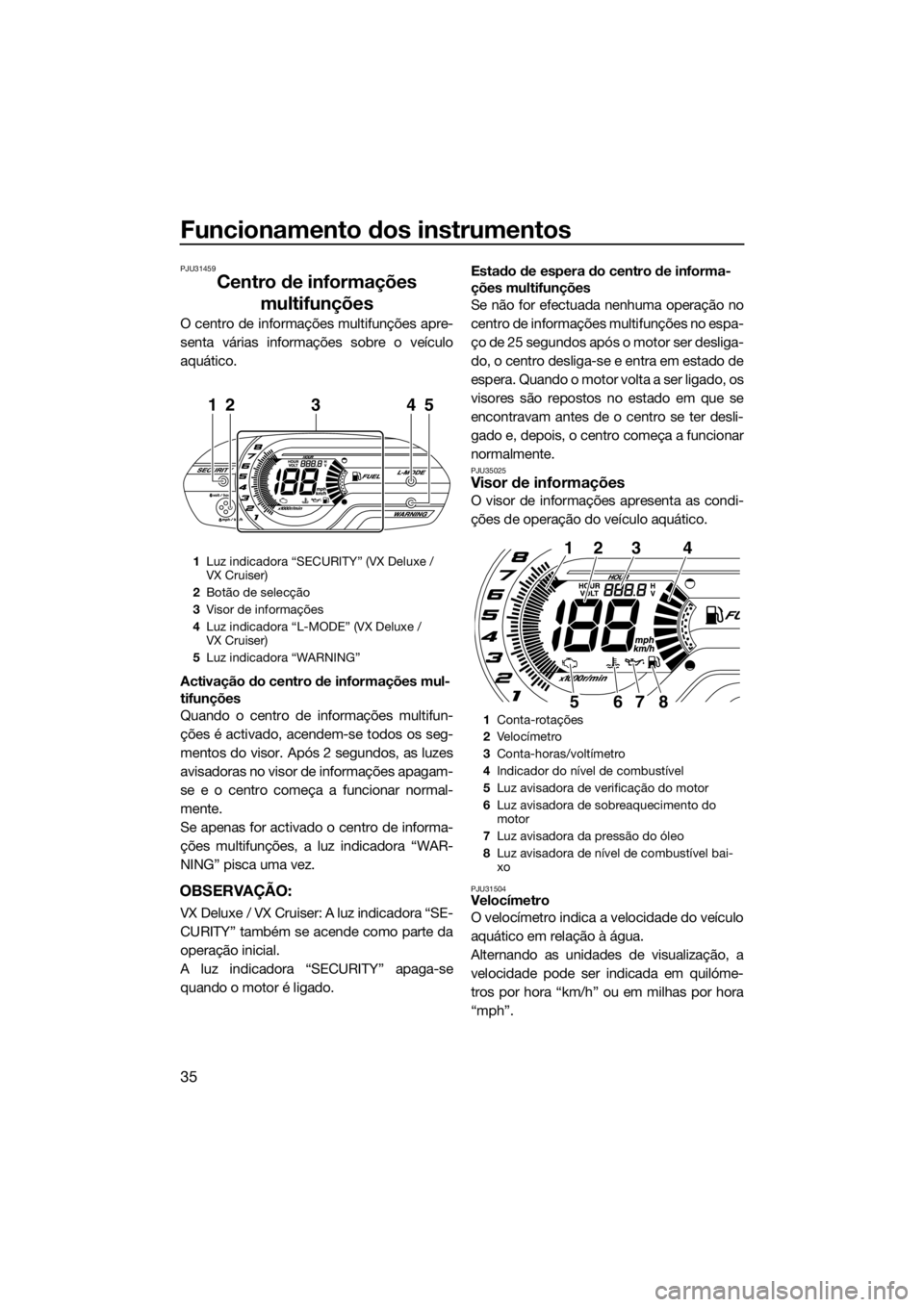 YAMAHA VX 2014  Manual de utilização (in Portuguese) Funcionamento dos instrumentos
35
PJU31459
Centro de informações 
multifunções
O centro de informações multifunções apre-
senta várias informações sobre o veículo
aquático.
Activação do