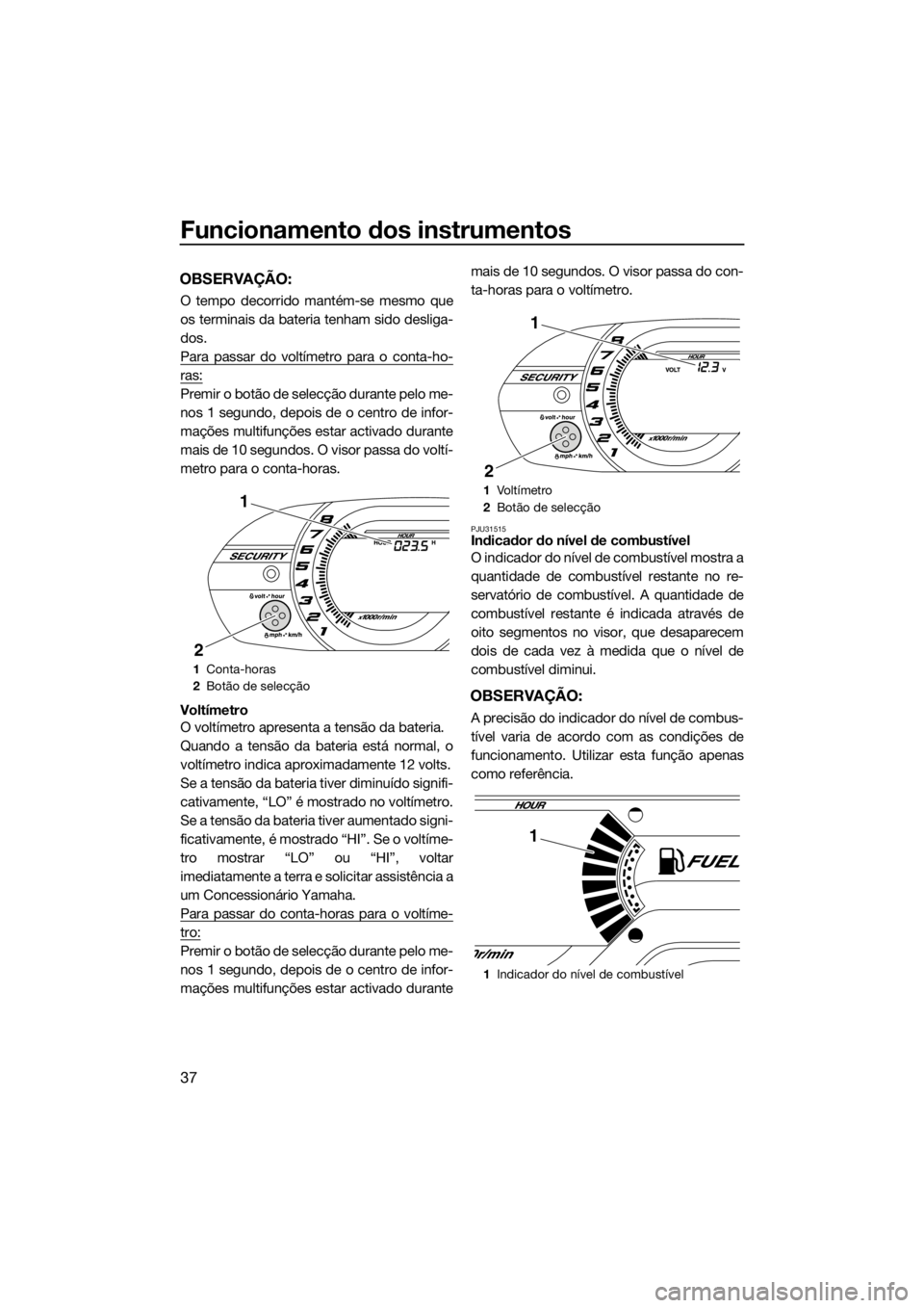 YAMAHA VX 2014  Manual de utilização (in Portuguese) Funcionamento dos instrumentos
37
OBSERVAÇÃO:
O tempo decorrido mantém-se mesmo que
os terminais da bateria tenham sido desliga-
dos.
Para passar do voltímetro para o conta-ho-
ras:
Premir o botã