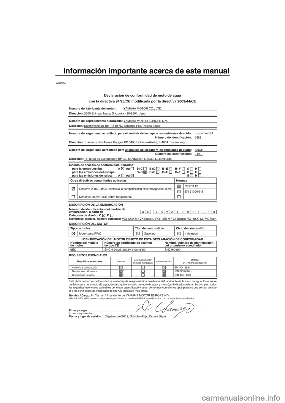 YAMAHA VX 2013 Manuale de Empleo (in Spanish) Información importante acerca de este manual
SJU30127
Declaración de conformidad de moto de agua
con la directiva 94/25/CE modificada por la directiva 2003/44/CE
Nombre del fabricante del motor:YAMA YAMAHA VX 2013 Manuale de Empleo (in Spanish) Información importante acerca de este manual
SJU30127
Declaración de conformidad de moto de agua
con la directiva 94/25/CE modificada por la directiva 2003/44/CE
Nombre del fabricante del motor:YAMA