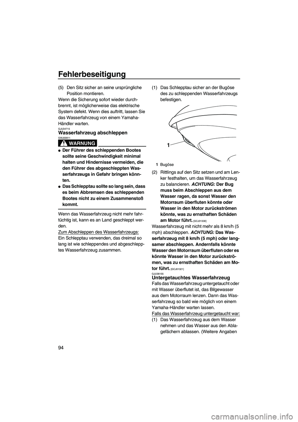 YAMAHA VX DELUXE 2010  Betriebsanleitungen (in German) Fehlerbeseitigung
94
(5) Den Sitz sicher an seine ursprüngliche 
Position montieren.
Wenn die Sicherung sofort wieder durch-
brennt, ist möglicherweise das elektrische 
System defekt. Wenn dies auft