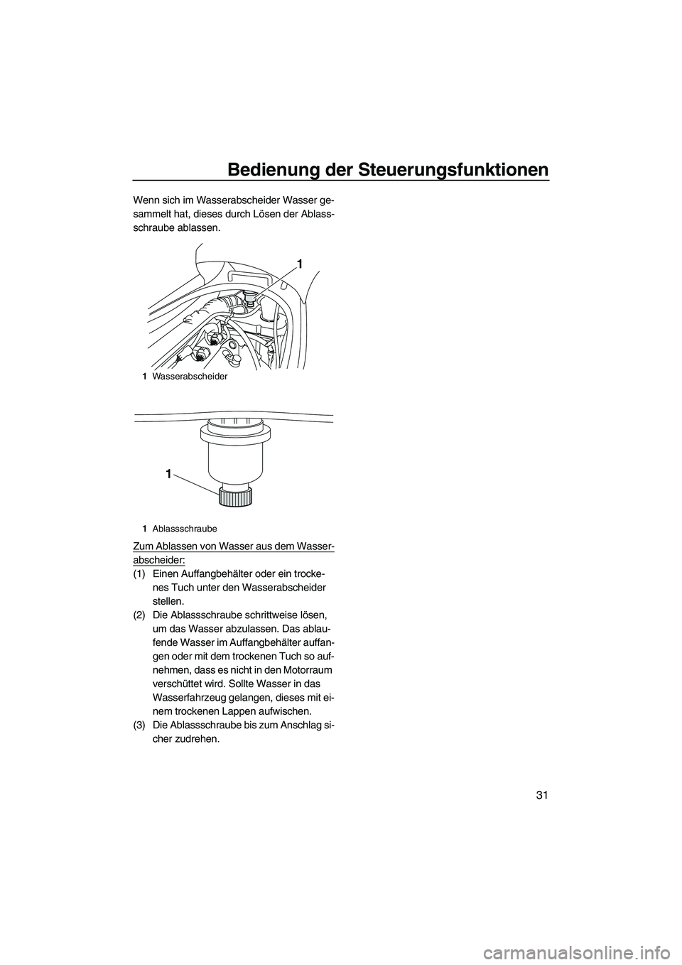 YAMAHA VX DELUXE 2010  Betriebsanleitungen (in German) Bedienung der Steuerungsfunktionen
31
Wenn sich im Wasserabscheider Wasser ge-
sammelt hat, dieses durch Lösen der Ablass-
schraube ablassen.
Zum Ablassen von Wasser aus dem Wasser-
abscheider:
(1) E