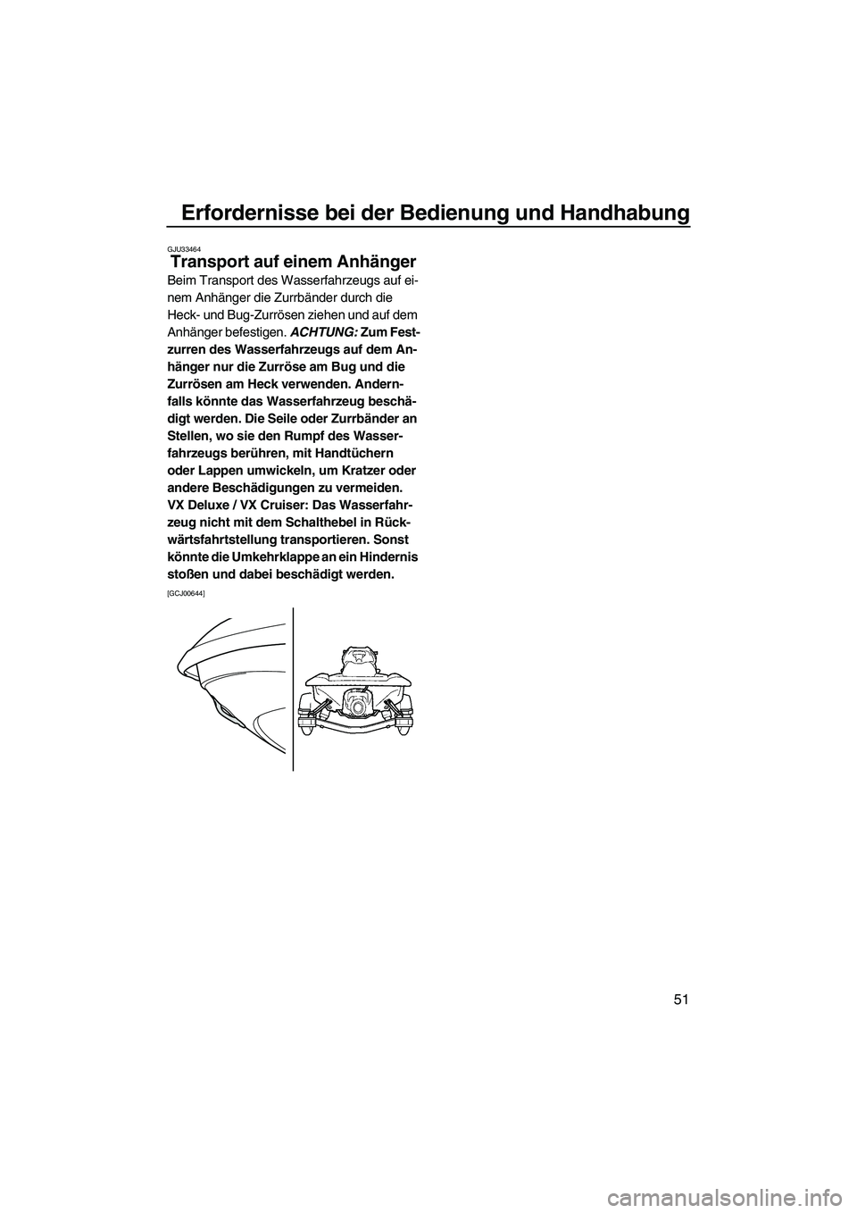 YAMAHA VX DELUXE 2010  Betriebsanleitungen (in German) Erfordernisse bei der Bedienung und Handhabung
51
GJU33464
Transport auf einem Anhänger 
Beim Transport des Wasserfahrzeugs auf ei-
nem Anhänger die Zurrbänder durch die 
Heck- und Bug-Zurrösen zi