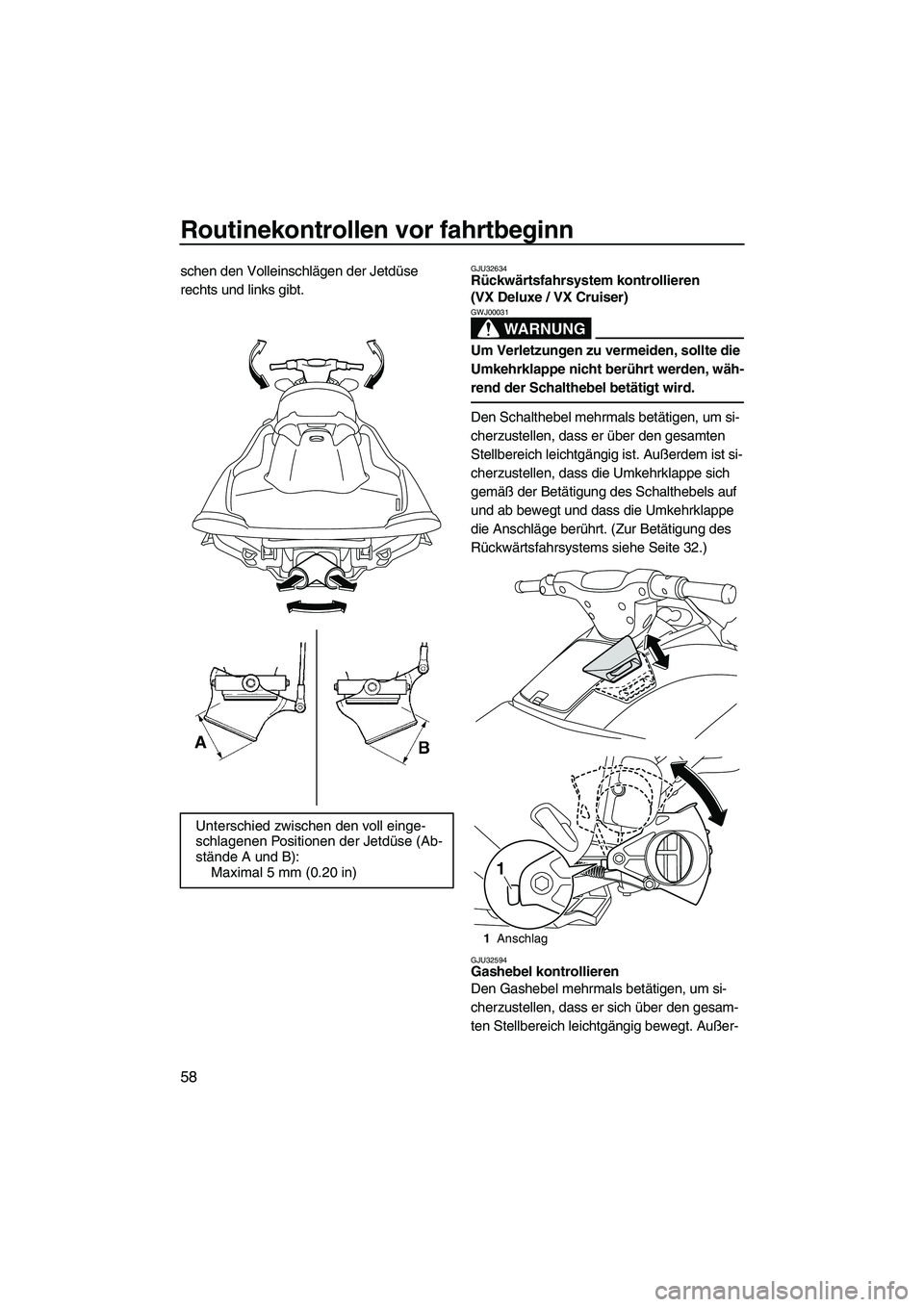 YAMAHA VX DELUXE 2010  Betriebsanleitungen (in German) Routinekontrollen vor fahrtbeginn
58
schen den Volleinschlägen der Jetdüse 
rechts und links gibt.GJU32634Rückwärtsfahrsystem kontrollieren 
(VX Deluxe / VX Cruiser) 
WARNUNG
GWJ00031
Um Verletzun