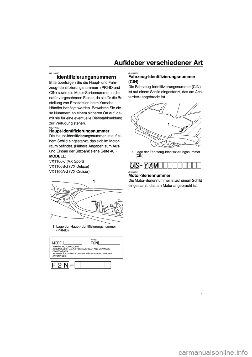 YAMAHA VX 2010 Betriebsanleitungen (in German) Aufkleber verschiedener Art
1
GJU36450
Identifizierungsnummern
Bitte übertragen Sie die Haupt- und Fahr-
zeug-Identifizierungsnummern (PRI-ID und
CIN) sowie die Motor-Seriennummer in die
dafür vo YAMAHA VX 2010 Betriebsanleitungen (in German) Aufkleber verschiedener Art
1
GJU36450
Identifizierungsnummern
Bitte übertragen Sie die Haupt- und Fahr-
zeug-Identifizierungsnummern (PRI-ID und
CIN) sowie die Motor-Seriennummer in die
dafür vo