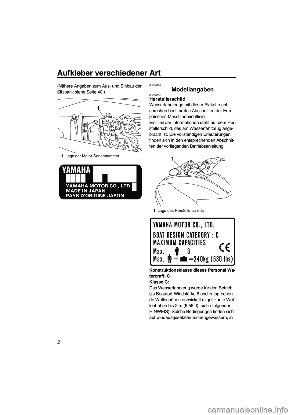 YAMAHA VX 2010  Betriebsanleitungen (in German) Aufkleber verschiedener Art
2
(Nähere Angaben zum Aus- und Einbau der 
Sitzbank siehe Seite 40.)GJU30320
Modellangaben GJU30331Herstellerschild 
Wasserfahrzeuge mit dieser Plakette ent-
sprechen best