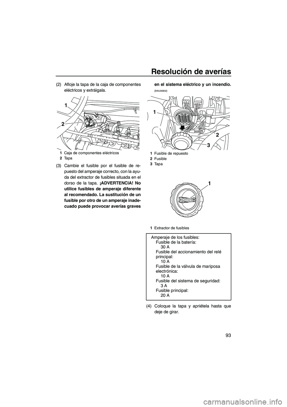 YAMAHA VX 2010  Manuale de Empleo (in Spanish) Resolución de averías
93
(2) Afloje la tapa de la caja de componentes
eléctricos y extráigala.
(3) Cambie el fusible por el fusible de re-
puesto del amperaje correcto, con la ayu-
da del extracto