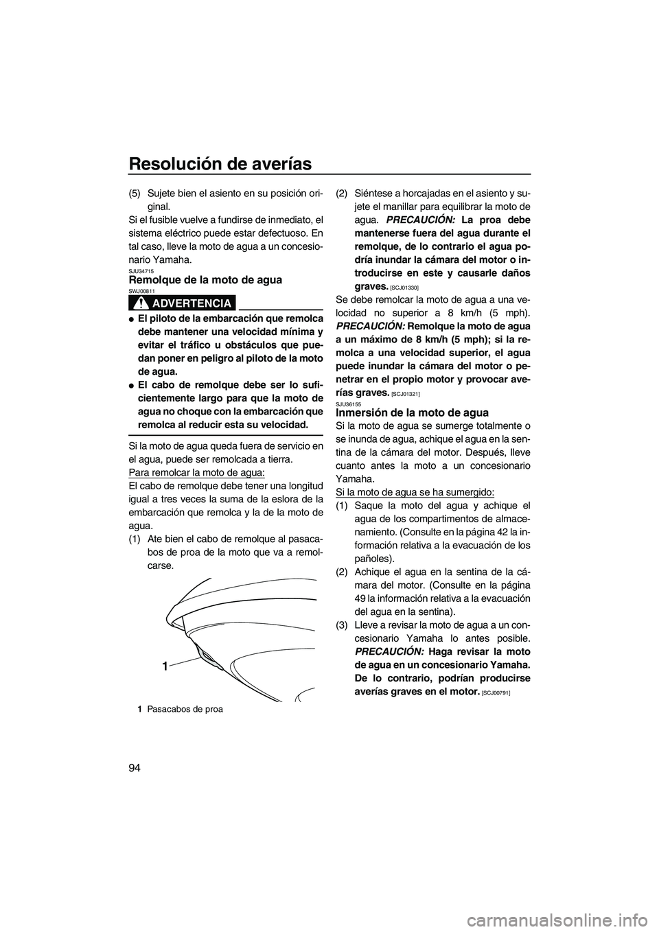 YAMAHA VX 2010 Manuale de Empleo (in Spanish) Resolución de averías
94
(5) Sujete bien el asiento en su posición ori-
ginal.
Si el fusible vuelve a fundirse de inmediato, el
sistema eléctrico puede estar defectuoso. En
tal caso, lleve la moto YAMAHA VX 2010 Manuale de Empleo (in Spanish) Resolución de averías
94
(5) Sujete bien el asiento en su posición ori-
ginal.
Si el fusible vuelve a fundirse de inmediato, el
sistema eléctrico puede estar defectuoso. En
tal caso, lleve la moto