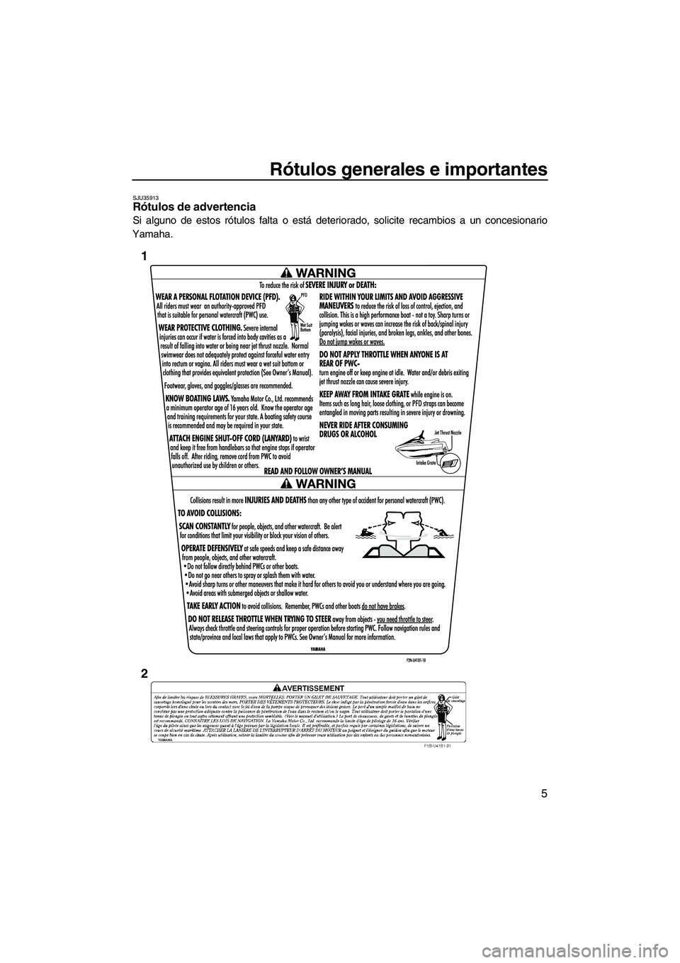 YAMAHA VX 2010  Manuale de Empleo (in Spanish) Rótulos generales e importantes
5
SJU35913Rótulos de advertencia 
Si alguno de estos rótulos falta o está deteriorado, solicite recambios a un concesionario
Yamaha.
1
2
UF2N70S0.book  Page 5  Thur