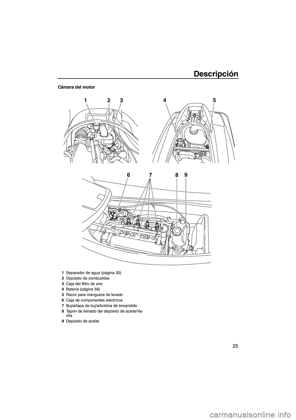 YAMAHA VX 2010  Manuale de Empleo (in Spanish) Descripción
25
Cámara del motor
6
789
12
345
1Separador de agua (página 30)
2Depósito de combustible
3Caja del filtro de aire
4Batería (página 56)
5Racor para manguera de lavado
6Caja de compone