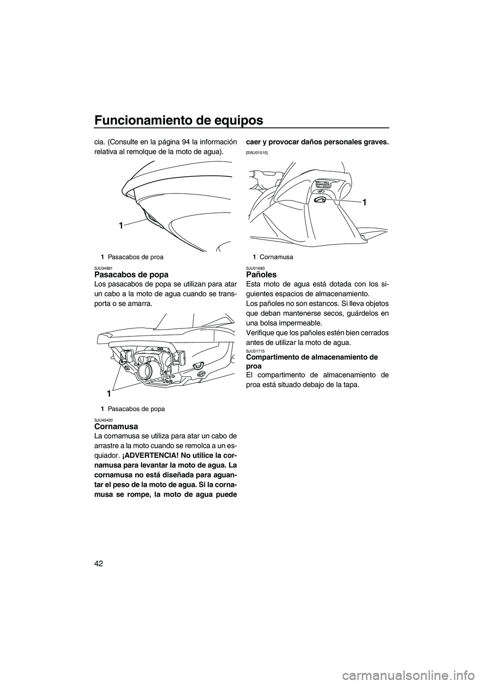 YAMAHA VX 2010  Manuale de Empleo (in Spanish) Funcionamiento de equipos
42
cia. (Consulte en la página 94 la información
relativa al remolque de la moto de agua).
SJU34881Pasacabos de popa 
Los pasacabos de popa se utilizan para atar
un cabo a 