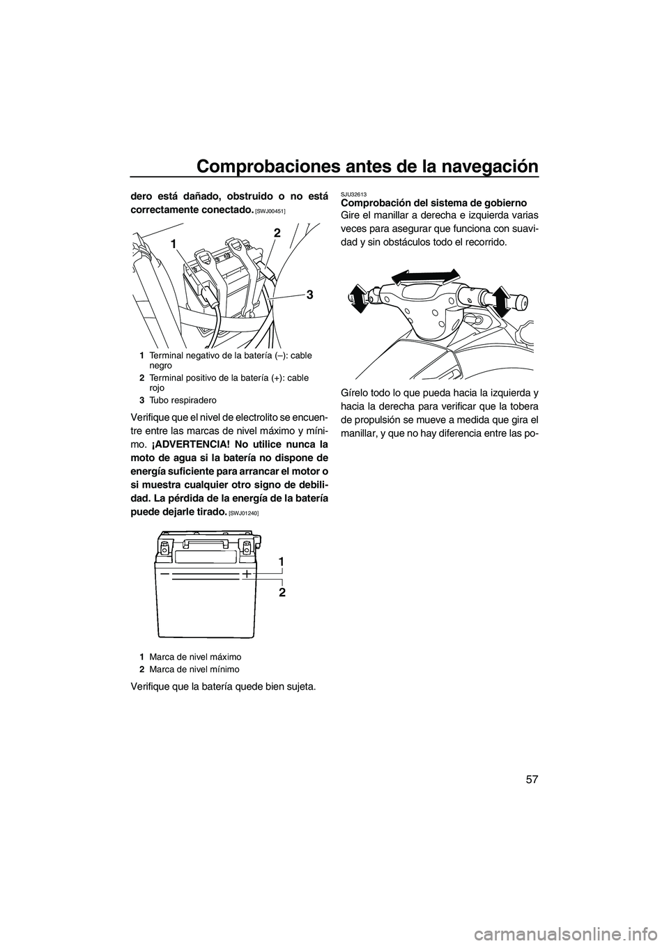 YAMAHA VX 2010  Manuale de Empleo (in Spanish) Comprobaciones antes de la navegación
57
dero está dañado, obstruido o no está
correctamente conectado.
 [SWJ00451]
Verifique que el nivel de electrolito se encuen-
tre entre las marcas de nivel m