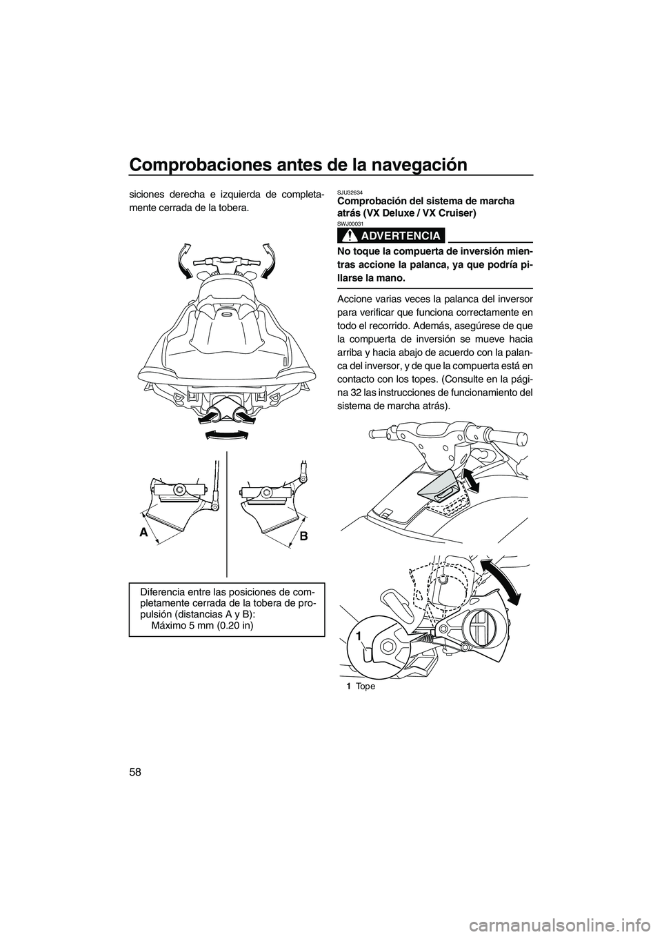 YAMAHA VX 2010  Manuale de Empleo (in Spanish) Comprobaciones antes de la navegación
58
siciones derecha e izquierda de completa-
mente cerrada de la tobera.SJU32634Comprobación del sistema de marcha 
atrás (VX Deluxe / VX Cruiser) 
ADVERTENCIA
