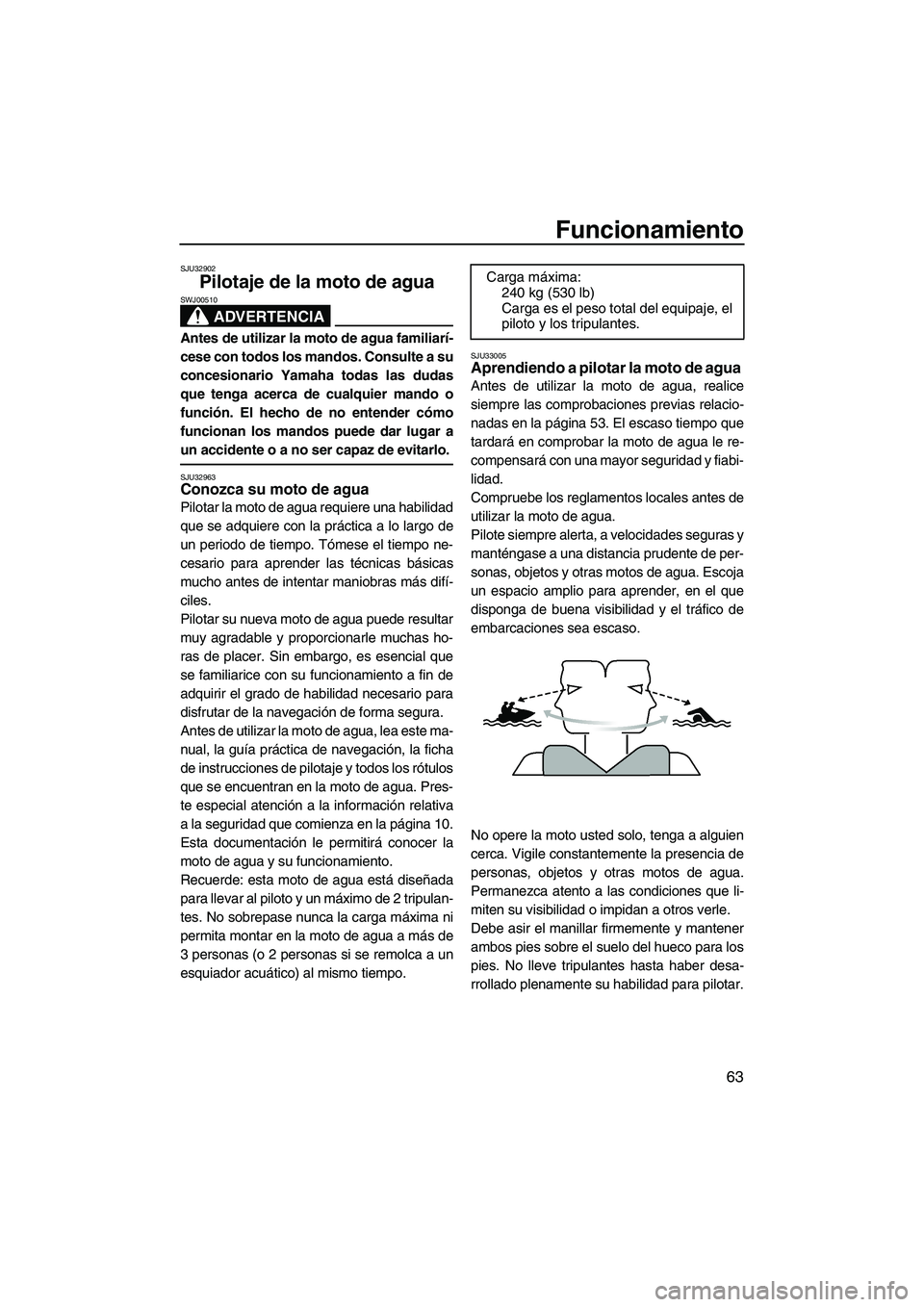 YAMAHA VX 2010 Manuale de Empleo (in Spanish) Funcionamiento
63
SJU32902
Pilotaje de la moto de agua
ADVERTENCIA
SWJ00510
Antes de utilizar la moto de agua familiarí-
cese con todos los mandos. Consulte a su
concesionario Yamaha todas las dudas YAMAHA VX 2010 Manuale de Empleo (in Spanish) Funcionamiento
63
SJU32902
Pilotaje de la moto de agua
ADVERTENCIA
SWJ00510
Antes de utilizar la moto de agua familiarí-
cese con todos los mandos. Consulte a su
concesionario Yamaha todas las dudas